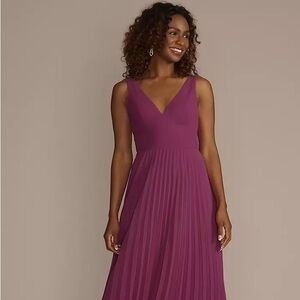 Floor Length V-Neck Pleated Chiffon A-Line Dress, Deep Magenta/Pink, Size 4